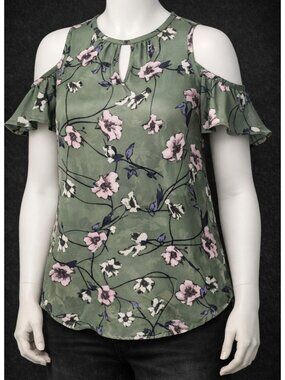 Layered With Love Blouse Cold Shoulder Ruffle Med. Green Fairycore floral hippie